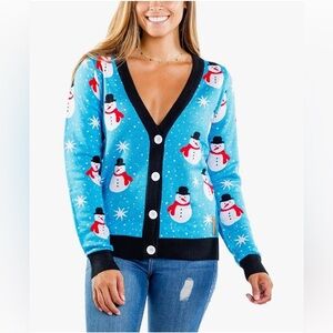 Tipsy Elves WOMEN'S SNAZZY SNOWMAN CARDIGAN SWEATER Size L Light Blue Holiday